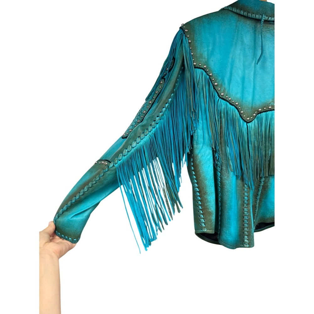 Gamino Turquoise Leather Fringe Western Jacket Studded Boho Whipstitch XL - Picture 8 of 12